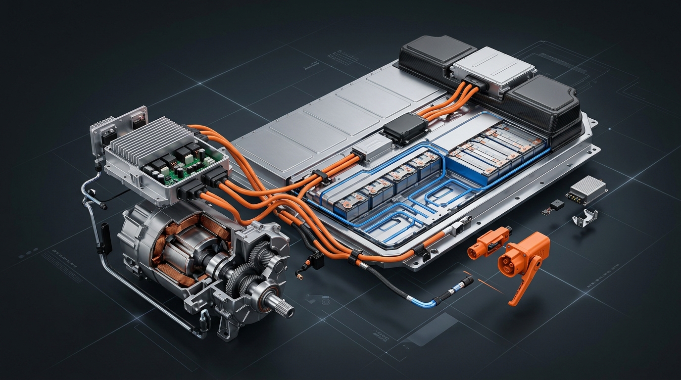 Tren Motriz de Alto Voltaje de Vehículo Eléctrico: Batería, Inversor, Motor Eléctrico y Desconector de Servicio